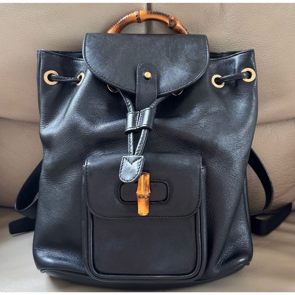 Authenticated Vintage Gucci Leather Bamboo Flap Drawstring Mini Backpack, COA - Picture 3 of 15